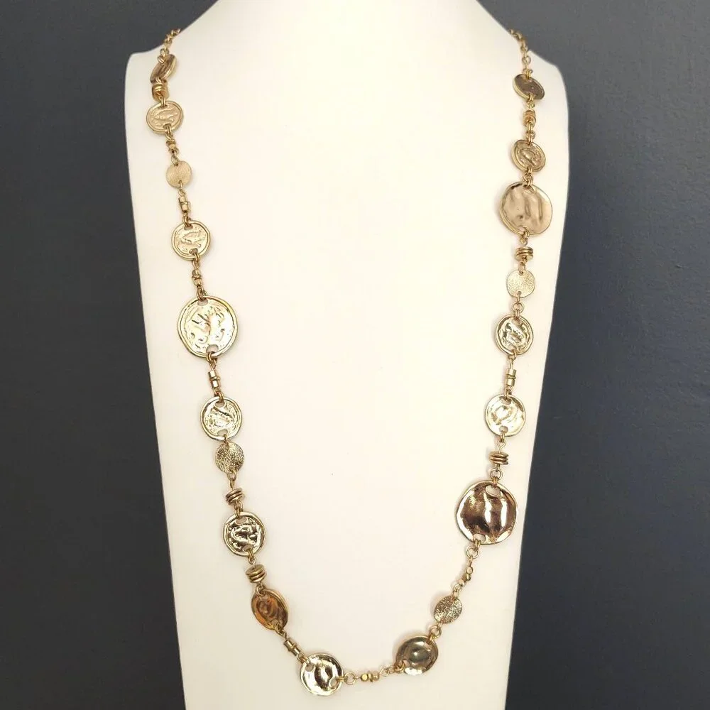 Long gold tone disk single strand necklace - Picture 1 of 12